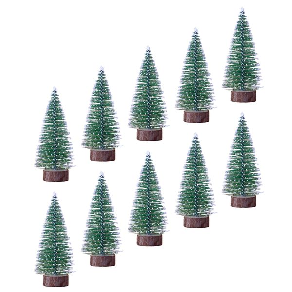 10pcs 4inch Mini Christmas Tree Bottle Brush Trees Chrismas Village Trees Ornaments Snow Mini Plastic Christmas Trees with Wooden Base for Christmas Decoration Miniature Chrismas Tree