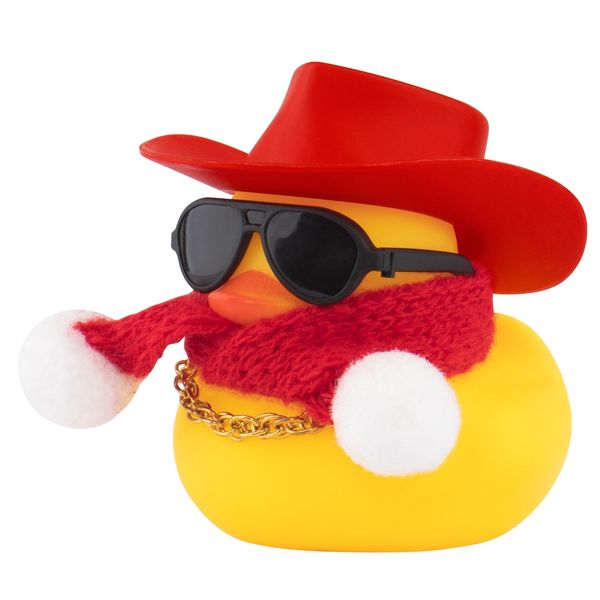 wonuu Winter Rubber Duck with Knitted Scarf Sunglasses Necklace Cowboy Hat, Mini Ducky for Home Party Ornament Car Accessories Dashboard Decoration, Red