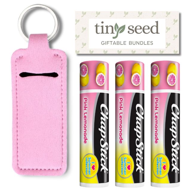 Pink Lemonade Chapstick 3-Pack. Includes Bonus Lip Balm Holder Keychain (Pink). Limited Edition Flavor from the Chapstick I Love Summer Collection, Unique Gift Bundle from Tiny Seed