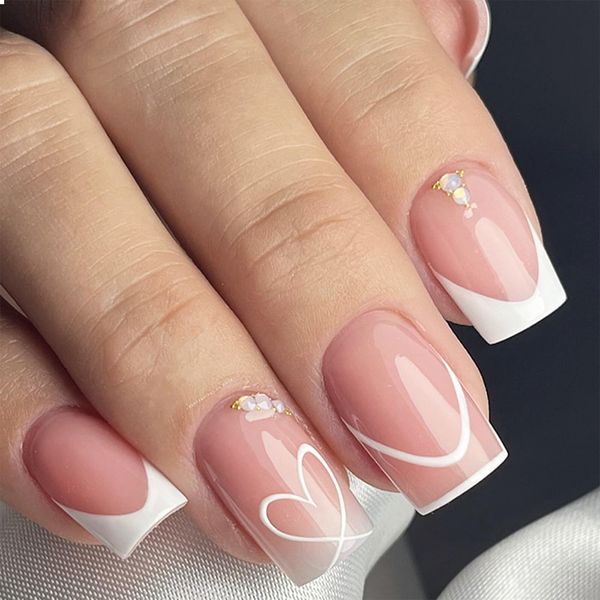 GlamRays Short Press On Nails Square False Nails Pink Nails Press Ons White French Nail Tips Glue Nail Nails Cute Love Valentine Nail False Nails Acrylic Nails Pack of 24