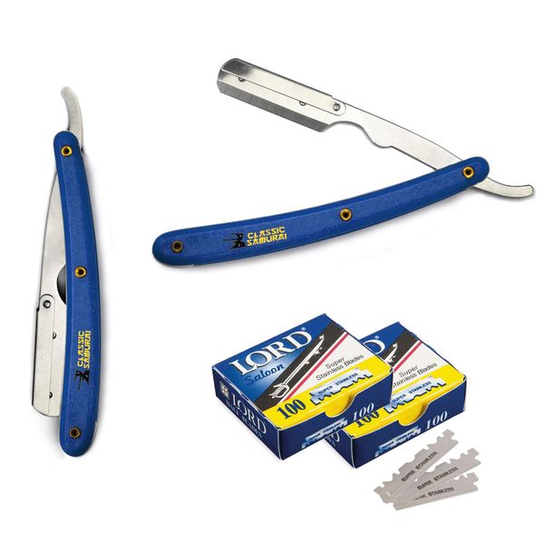 Classic Samurai Stainless Steel Professional Barber Folding Straight Edge Razor Shavette Men's Shaving Kit with 200 Count Lord Single Edge Razor Blades (Blue)