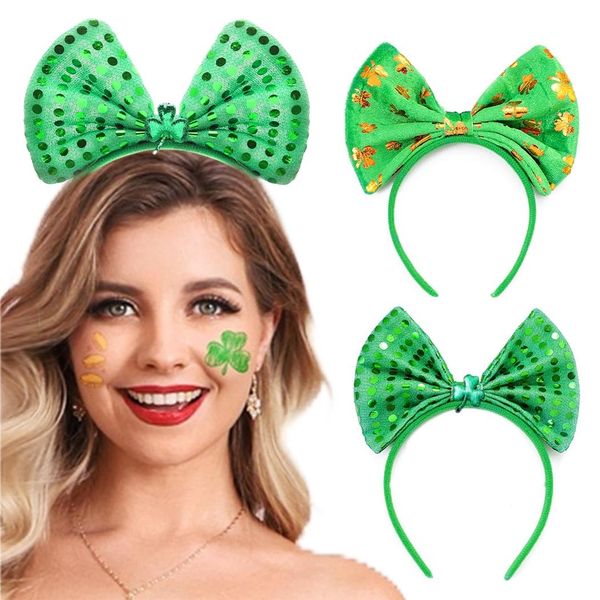 Sixexey St. Patrick’s Day Headband Green Bow Hair Bands Shamrock Clover Hair Hoop Irish Holiday Parade Hair Accessories for Women(2PCS)