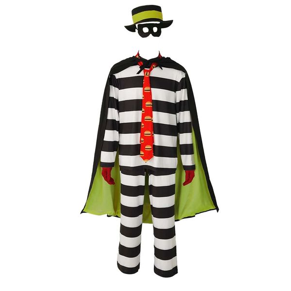 Egxpiujt Men's Hamburger Thief Cartoon Halloween Cosplay Outfit Striped Burglar Adult Costume Brimmed Hat with Tie and Mask (White, L)