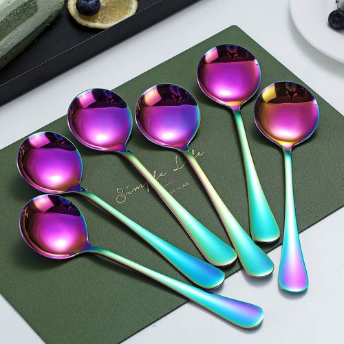 Rainbow Soup Spoons, Kyraton 6 Pieces 19 cm Stainless Steel Round Spoons with Rainbow Titanium Plating, Rainbow Dinner Spoon Table Spoon, Spoons Silverware Dishwasher Safe Set of 6