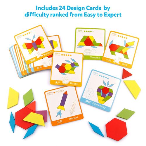 Coogam Wooden Pattern Blocks Set 130PCS Geometric Color Shape Manipulative Puzzle – Graphical Montessori Tangram Early Learning Educational Toys Brain Teasers STEM Gift for Kids with 24 Design Cards