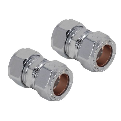 Pipestation® 15mm Chrome Plated Compression Straight Pipe Connectors for Copper Pipe - Pack of 2