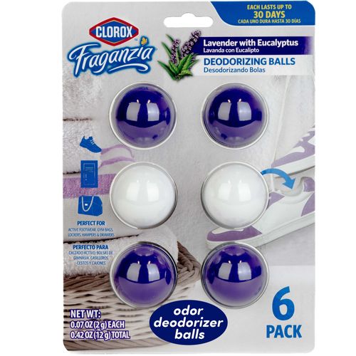 Clorox Fraganzia Deodorizing Balls, Lavender with Eucalyptus Scent - Battery Free Air Refresher, Odor Eliminators for Shoes, Gym Bag, Closet, Locker, Hamper, and Drawer Odor Deodorizers, 6 Count