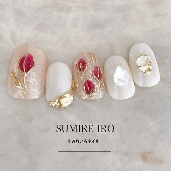 Nail tips False nails Bridal nails Short Long design Summer nails Nail Coming of age ceremony Short nails Small nails Large nails Berry short Chibi nails Spring nails Cute False nails Custom nails Flowers [2021s] Red tulip gold mirror