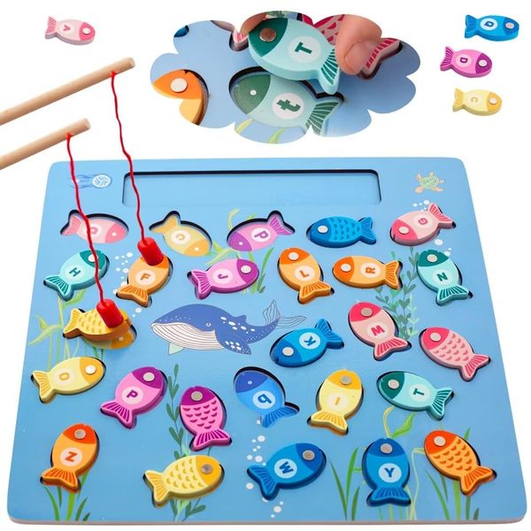 Magnetic Fishing Game for Toddlers, Wooden Alphabet Puzzle Maze Board, Preschool ABC Uppercase Lowercase Letter Matching Game, Montessori Educational Fine Motor Skill Toy for Boy Girl Kids