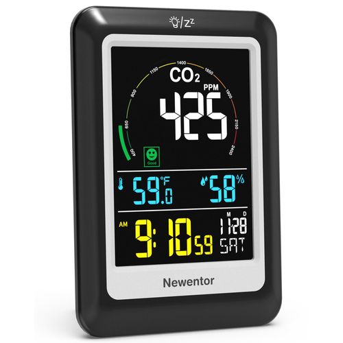Newentor CO2 Monitor, Indoor Air Quality Meters, Carbon Dioxide Detector with Voice Alert, Large Display CO2 Tester, Temperature Humidity Sensor, Alarm Clock for Home, RV, Grow Tents, Black