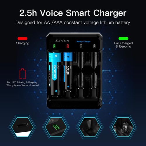 Kratax Voice Battery Charger for Kratax AA or AAA Constant Voltage Rechargeable Lithium Batteries 1.5V, 2.5h Fast Charge, NOT for use with Ni-MH or Other Types of Batteries (Battery not Included)