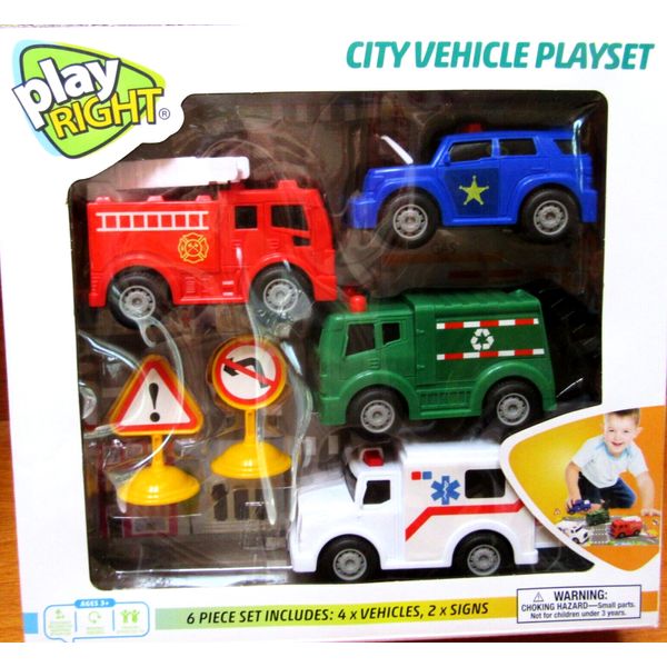 NIB+HTF~PLAY RIGHT"CITY VEHICLE PLAYSET"~6 PC SET~4 CITY TRUCKS~2 SIGNS+PLAYMAT!