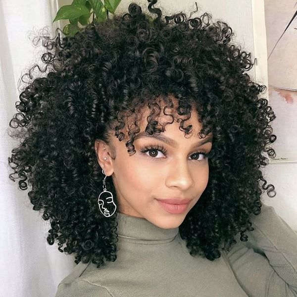 Curly Wigs for Women, 14 Inches Soft Curly Afro Wigs with Bangs,Synthetic Natural Black Curly Wigs, Curly Full Wig for Women(1B Natural Black)