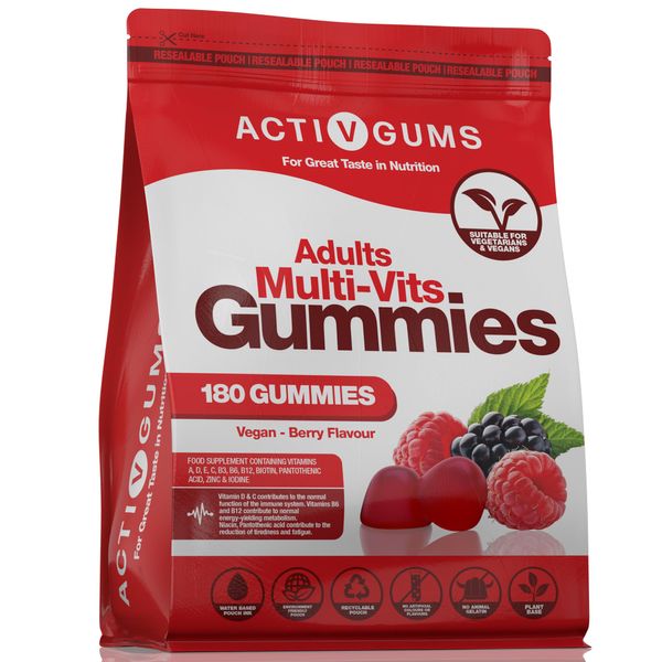 Adults Multivitamins 180 Vegan Gummies. 90 Days Supply. Resealable & Recyclable Pouch. 11 Essential Vitamins & Minerals A,D,E,C,B3,B6,B5,B12,Biotin,Zinc&Iodine. for Adults & Teens by ActivGums®