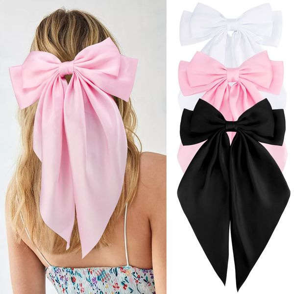 Velscrun 3Pcs Hair Bows for Women White Hair Bow Pink Hair Bow Black Big Hair Bows Clips for Girls Silky Satin Large Hair Ribbons Oversized Long Tail Hair Bows Hair Barrettes Hair Accessories Gifts