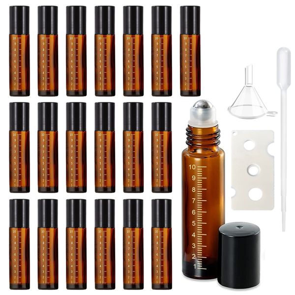 Roll On Bottles 10ml 20pcs Glass Blackout Jars with Stainless Steel Rollerball Perfume Essential Oil Refill Bottle Bottle Jar Graduated Aroma Storage Containers (Brown)