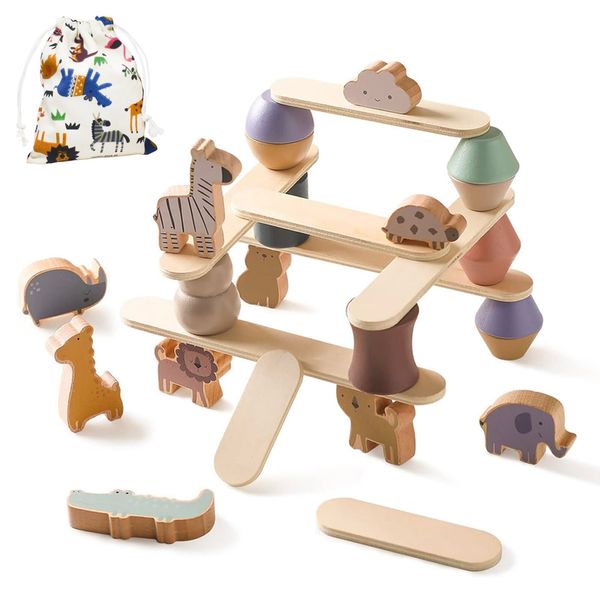 Shinse Animal Building Blocks, Balance Game, Stacking Toy, Enjoyable, Wood, Educational Toy, Montessori, Focus, Fingertip Training, Shape Recognition, Early Development, Creativity, Boys and Girls, 1,