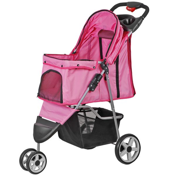 3 Wheels Travel Pet Stroller Dogs or Cats Lightweight Foldable Stroller Pink