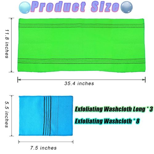 11 PCS Exfoliating Cloth Towel Set Exfoliating Washcloth Towel Long Bath Wash Cloths Exfoliating Shower Towel Exfoliating Bath Towel Long Skin Back Scrubber（Pink, Green, Blue, Yellow