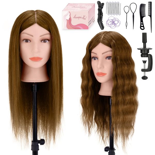 Mannequin Head 26" 100% Real Hair, Doll Head for Hair Styling & braiding with Table Clamp Holder + DIY Hair Styling Set, Mannequin Head for Cosmetology Training Head and Stylist Supplies（Light Brown）