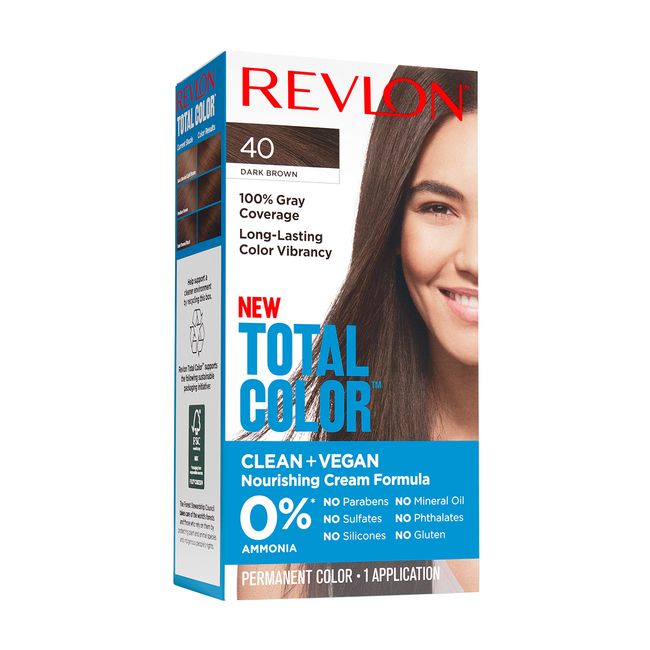 Permanent Hair Color by Revlon, Permanent Hair Dye, Total Color with 100%  Gray Coverage, Clean & Vegan, 40 Dark Brown, 3.5 Oz