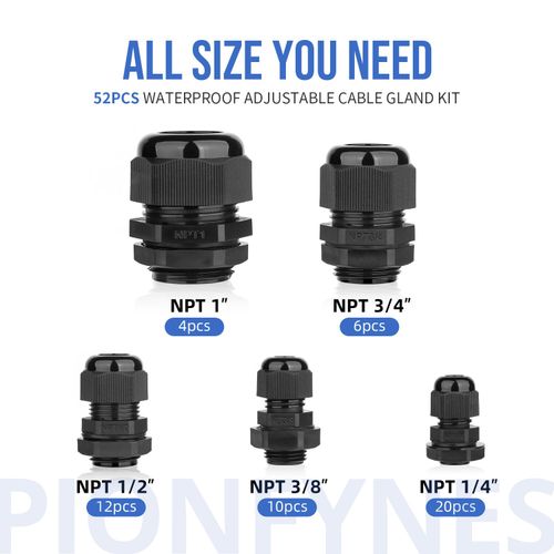 PIONFYNES 52PCS Cable Gland 3-25mm Waterproof Adjustable 1/4'', 3/8'', 1/2'', 3/4'', 1'' NPT Cable Gland Joints with Gaskets