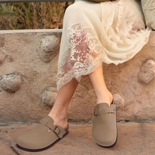 KIDMI Women's Cork Footbed Clogs Leather Mules Comfort Potato Shoes with Arch Support, Taupe, Size 8.5