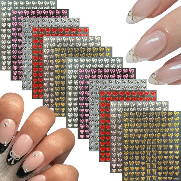 12 Sheets Bow Nail Stickers 3D Self Adhesive Black White Pink Bow Nail Decals for Nail Art Red Silver Gold Cute Bow Nail Art Stickers Bow Nail Art Supplies DIY Manicure Decorations for Women Girls