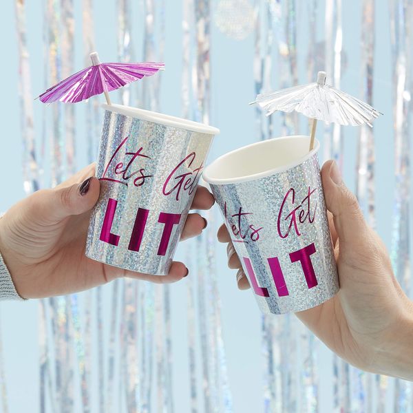 Ginger Ray Holographic Lets Get Lit Paper Party Cups Tableware 8 Pack, Iridescent