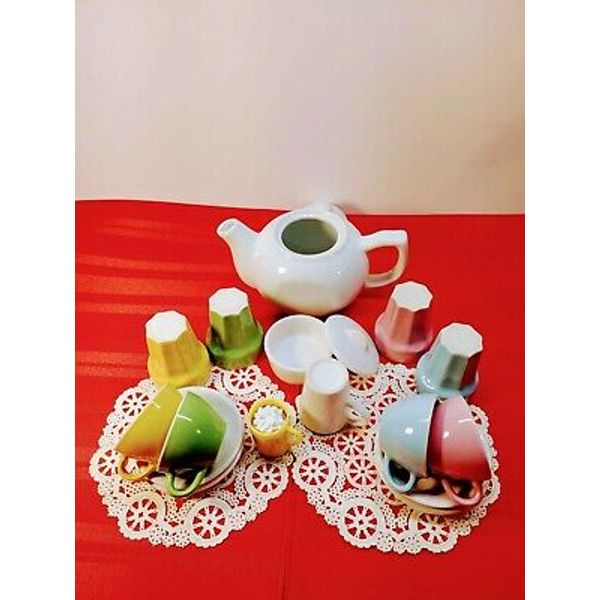 Vintage Ceramic Tea Set Doll House 60's(?) Tea Cups Sugar Creamer Teapot