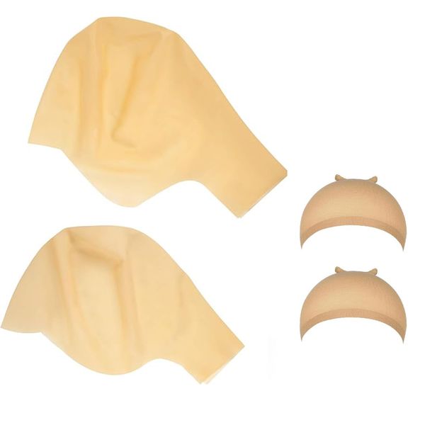 Homgaty 2 Pieces Bald Caps Costume Accessory Makeup Latex Bald Include 1 Big and 1 Small Head Wig Cap for Men Women（Extra Gift for 2 Light Brown Nylon Wig Caps Nets for Hair Management）