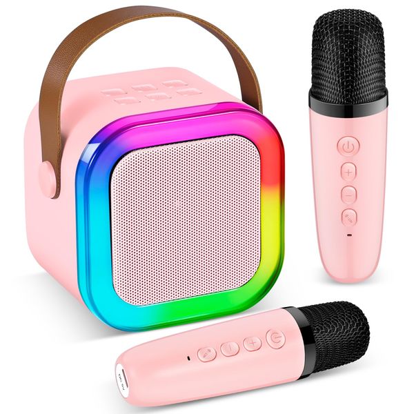 Geweiya Karaoke Machine for Kids – Mini Karaoke Machine with 2 Wireless Microphones, Portable Bluetooth Karaoke Speaker with Lights, for Girls Ages 3-12+, Perfect for Family Party