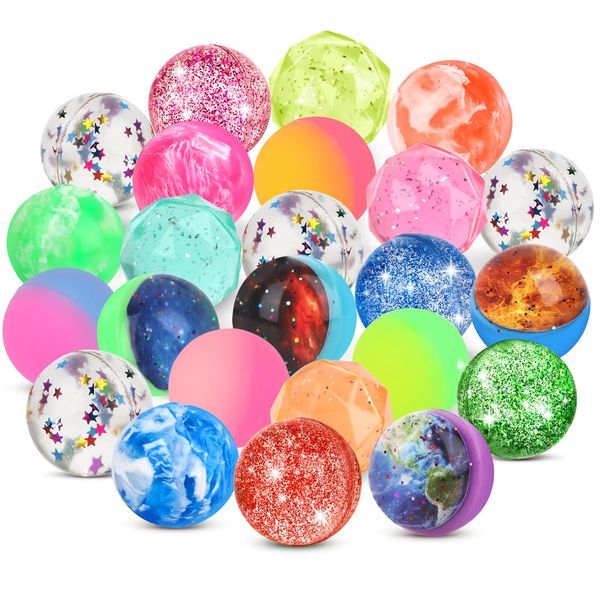 Hxezoc 24 Pcs Bouncy Balls for Kids, 32mm 6 Styles Rubber Bounce Balls Bulk for Party Favors, Goodie Bag Fillers, Easter Gift Bag Stuffers, Basket Stuffers, Classroom Prizes