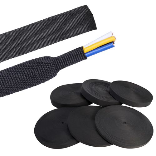Black 2:1 Ratio Automotive Heat Shrink Braided Sleeving,Wear-Resistant Flat Woven Shrinkable Sleeve Fabric Car Cable Wires Hoses Protection (1-1/8"-35ft)