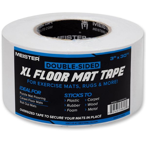 Meister Double-Sided XL Floor Mat Tape - Secures Exercise Mats & Rugs in Place, Transparent, XL Roll - 3in x 30yd (1130FMTXL)