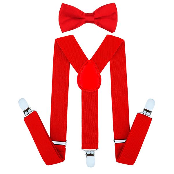 AWAYTR Child Kids Suspenders Bowtie Set - Adjustable Suspender Set for Boys and Girls(25Inches (5 Months to 6 Years),Red)