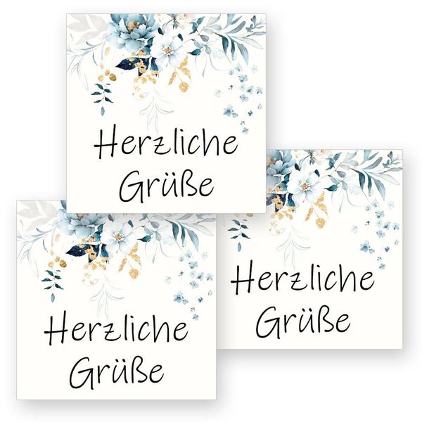 50 Aufkleber HERZLICHE GRÜßE - Blumenmotiv Quadrat 4 x 4 cm, Besondere Anlässe Grüße, Motiv-Sticker