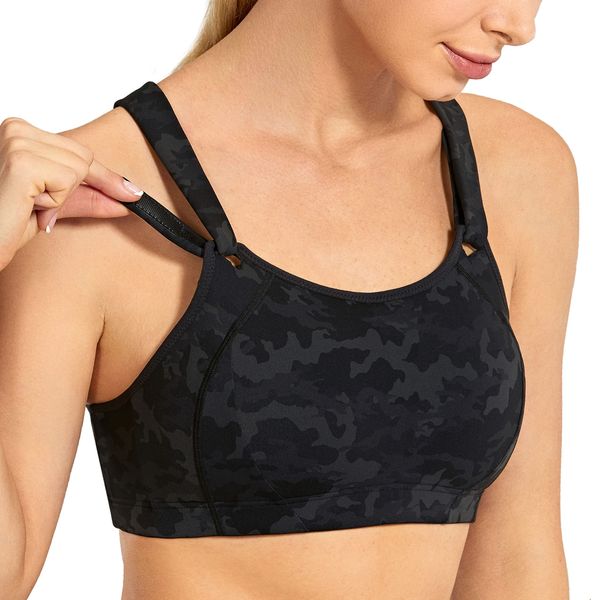 SYROKAN Women's Sports Bra High Impact Front Adjustable Support Lightly Padded Wireless Racerback Workout Running Camo Multi 6_New 36C