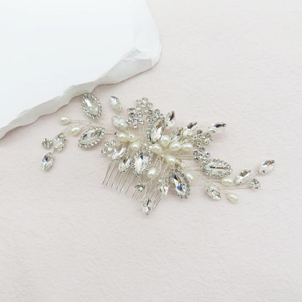 VMila Wedding Pearl Hair Comb Wedding Hair Comb Bridal Hair Accessories Pearl Flower Hair Accessories For Women Girls Wedding Hair Accessories (Silver Leaf Silver)