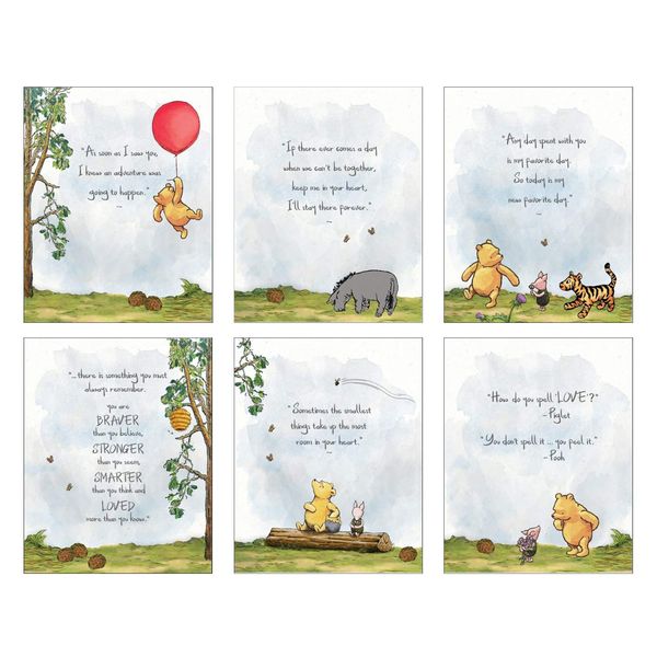 Classic Winnie The Pooh Wall Art Decorations by HerZii Prints - Set of 6 8x10 inch - Nursery Playroom Home Decor - Baby Shower Decorations