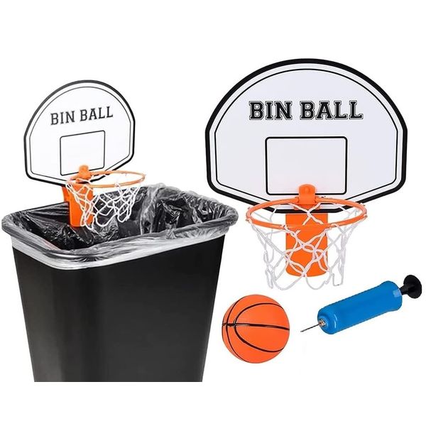 Clip-On Trash Can Basketball Set (Includes Clip-On Hoop, Inflatable Mini Basketball and a Hand Pump) Office Work Home Kids Fun Game