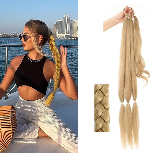 32inch Long Braid Ponytail Extension Straight Sleek Wrap Around Braid Hair Extensions Ponytail Synthetic Hair Pieces for Women Girls (Strawberry Blonde/Bleach Blonde)