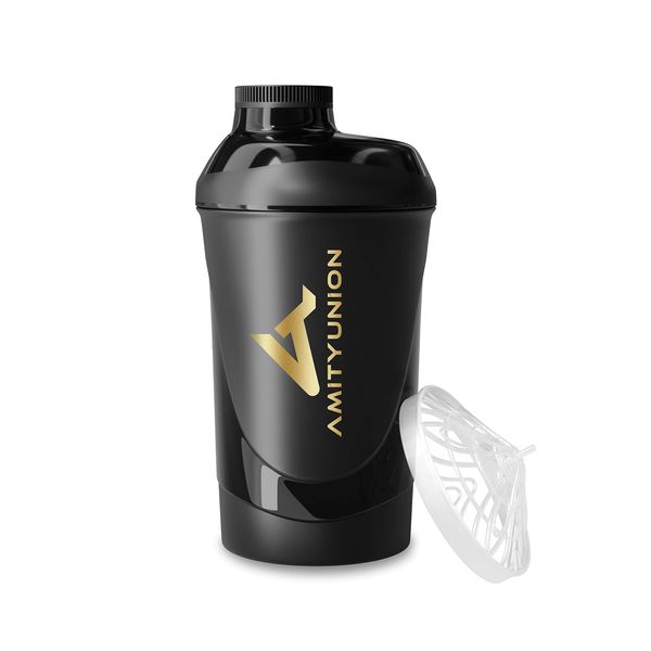 AMITYUNION Eiweiss Shaker Deluxe 800 ml BPA frei, auslaufsicher, mit Sieb & Skala für Cremige Protein Shakes, Gym Fitness Becher für Isolate & Sport Konzentrate, Protein Shaker, Schwarz Goldenes Logo