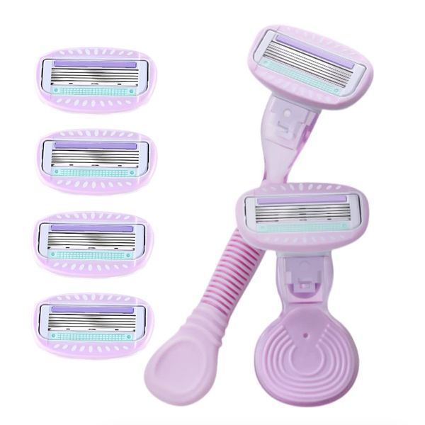 2 Handles + 6 Blades Women Razor Kit Shaver Replacement Heads Bikini Hair Removal Tool Non-Slip Travel Carry-Purple