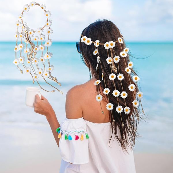 Sunflower Headband Daisy Hair Accessories Flower Crown Sunflowers Hair Beach Boho Hairband Adjustable Tassel Hair Wreath Flowers Hair Bands Women Cosplay Costume (White)