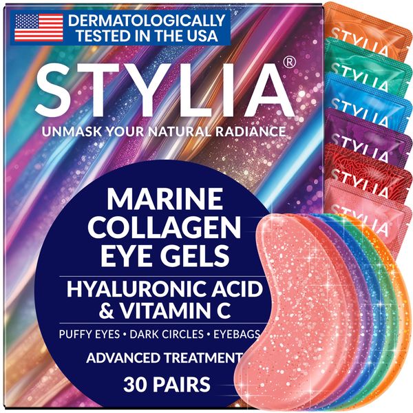 Under Eye Patches for Dark Circles and Puffy Eyes (30 Pairs), Marine Collagen Eye Gel Pads for Puffiness with Vitamin C, Hyaluronic Acid, and Pearl Extract, Eye Mask for Dark Circles and Puffiness