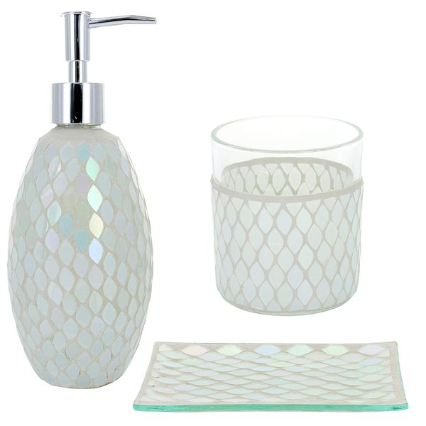 G Decor Cream Mosaic Modern Sparkle Glass 3-Piece Bathroom Accessory Set, Includes Liquid Soap or Lotion Dispenser, Toothbrush Holder, Soap Dish