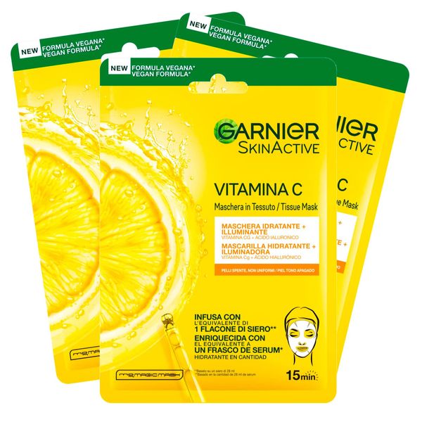 Garnier SkinActive Einweg-Gesichtsmaske in Feuchtigkeitsspendender und Leuchtender Folie mit Vitamin C und Hyaluronsäure - 3 Einwegmasken