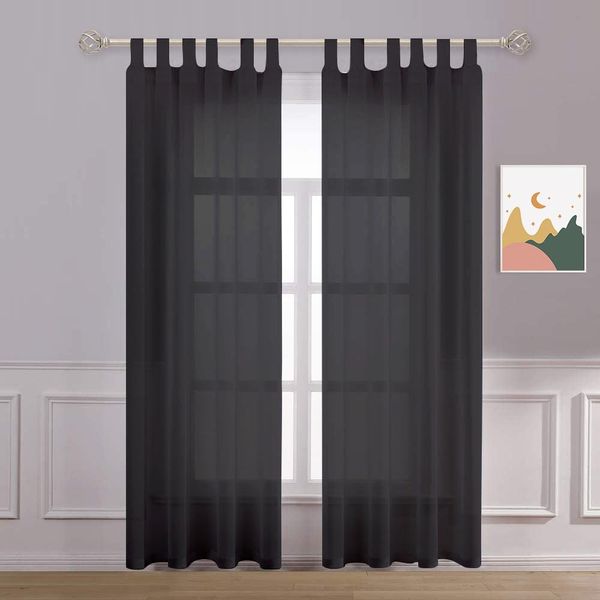 Megachest lucy Woven Voile Tab Top Curtain 2 Panels with ties (28 colors) (black, 56" wideX90 drop(W142cmXH228.5cm))