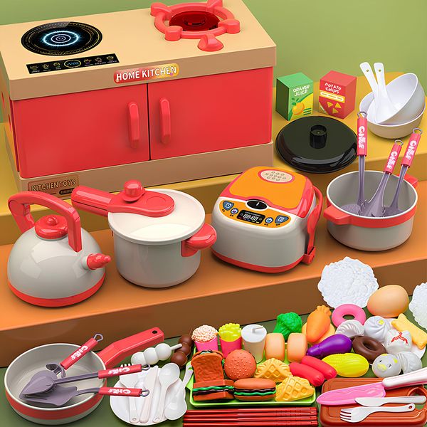 Home Kitchen Kids Toy Kitchen Set, 71 PCS Pretend Play Cooking Set with Interactive Cooktop, Realistic Accessories: Pressure Cooker, Kettle, Frying Pan, Play Food - Educational Toy for Boys & Girls 3+